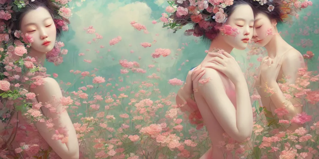 Prompt: breathtaking detailed concept art painting pattern blend of flowers and girls, by hsiao - ron cheng and soey milk, bizarre compositions, exquisite detail, pastel colors, 8 k