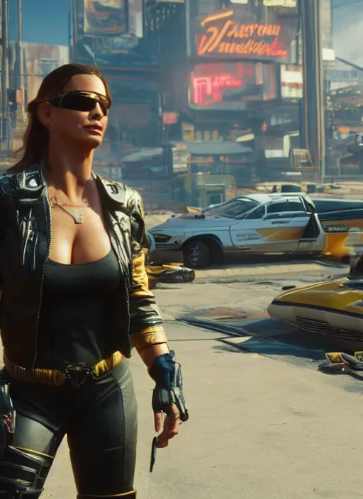 Prompt: film still of Sofia Vergara as Panam Palmer in Cyberpunk 2077, gameplay, 8k, HD