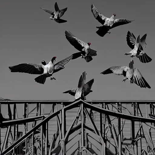 Image similar to gangsta pigeons on a hiphop album cover, black and white, wide angle