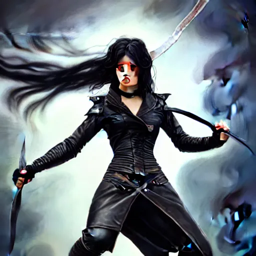 Prompt: an action photo of a black haired woman in a black leather jacket in a swordfight, muscular upper body, abs, d & d, fantasy, intricate, elegant, highly detailed, digital painting, artstation, concept art, smooth, sharp focus, illustration, art by artgerm and greg rutkowski and alphonse mucha