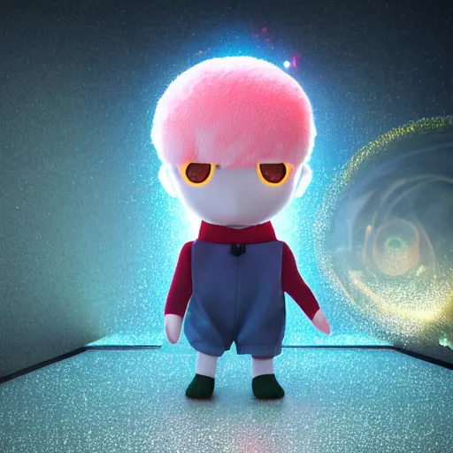 Prompt: cute fumo plush of a boy who is a denizen of an alternate world overlapping with our own, extradimensional, 4 d rendering, lens flare, relativistic path tracing, vray