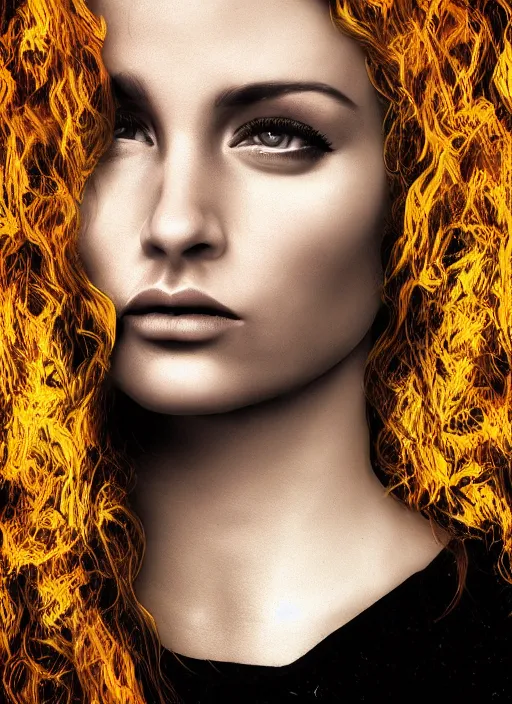 Prompt: dramatic digital art of a woman with super wavy snake goldened marble hair. moody and melanchonic.