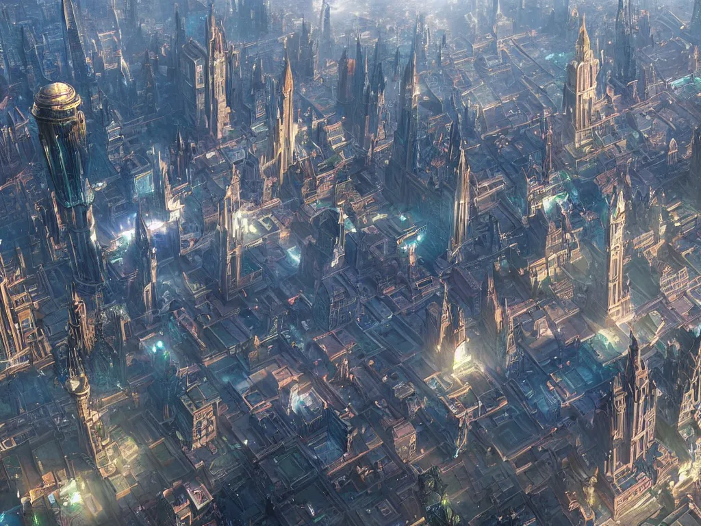 Prompt: big iridescent city with a few extremely tall spiking towers, unreal engine 5, art by artgerm and greg rutkowski and alphonse mucha, global illumination, detailed and intricate environment, hyperrealistic, volumetric lighting, epic cinematic shot, perfectly defined features, ambient occlusion