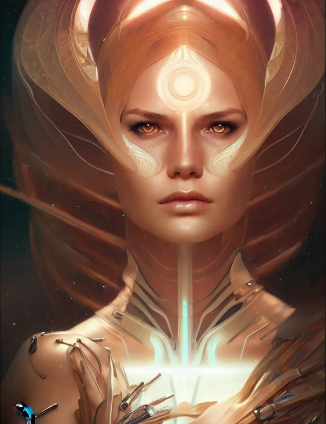 Image similar to futuristic woman portrait, sci-fi, amber eyes, face, long hair, fantasy, intricate, elegant, highly detailed, digital painting, artstation, concept art, smooth, sharp focus, illustration, art by artgerm and greg rutkowski and alphonse mucha