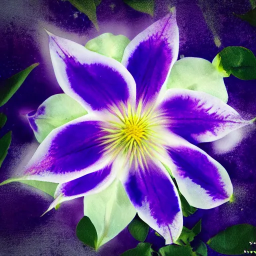 Image similar to clematis theme logo, clematis theme banner, clematis design, clematis in the deep sea, clematis like stars in the sky, trending on artstation, warm light, lovely and cute, fantasy art, 8 k resolution