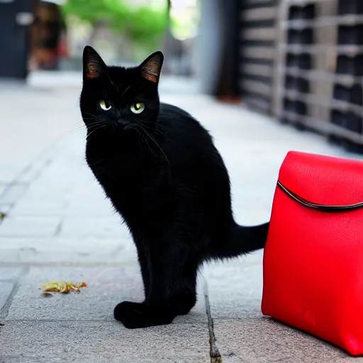 Prompt: black cat, in a red bag, playful, realistic, cute, photo quality, well lit