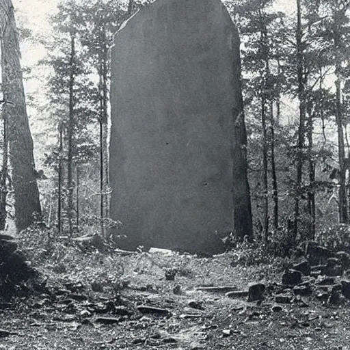 Prompt: old photograph of aliens surrounding a giant alien monolith in a haunted forest, epic composition