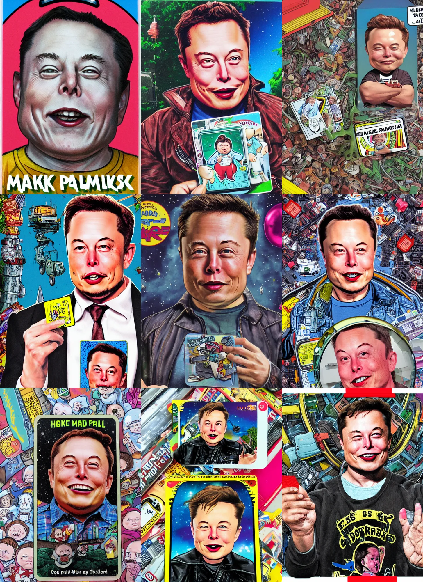 Prompt: Elon Musk Garbage Pail Kid card high detail photo realistic