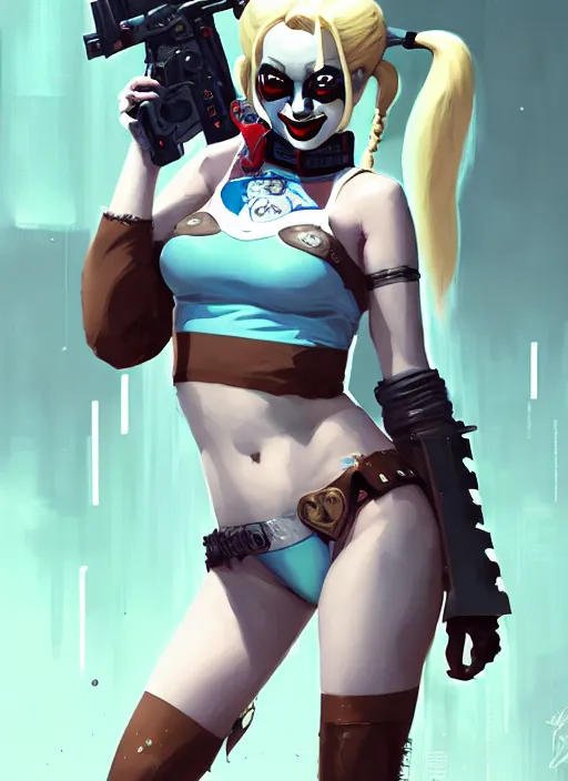 Image similar to portrait of cute harley quinn in cyber bikini armor, warhammer, cyberpunk, by atey ghailan, by greg rutkowski, by greg tocchini, by james gilleard, by joe fenton, by kaethe butcher, by gustav klimt, dynamic lighting, gradient light blue, brown, blonde cream and white color in scheme, grunge aesthetic
