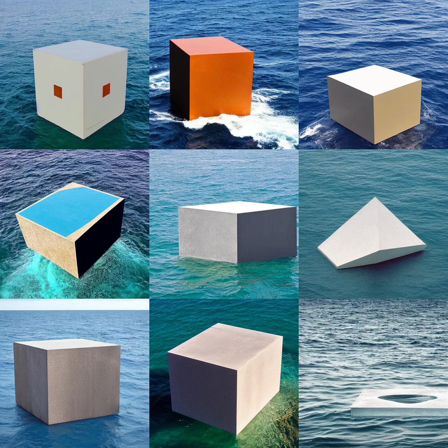 Image similar to a cube in the middle of the sea in the style of richard serra