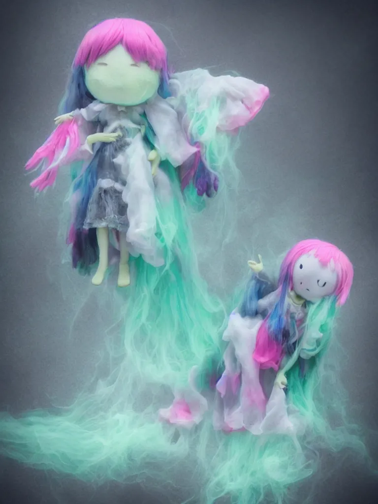 Image similar to cute fumo plush smiling ectoplasmic jellyfish ghost girl waving in deep fog over mysterious reflective waters, patchwork doll chibi gothic maiden in tattered melting rags, glowing pink wisps of hazy green smoke and eerie blue volumetric fog swirling about, moonlight, glowing lens flare, black and white, reflective refractive optics, vray