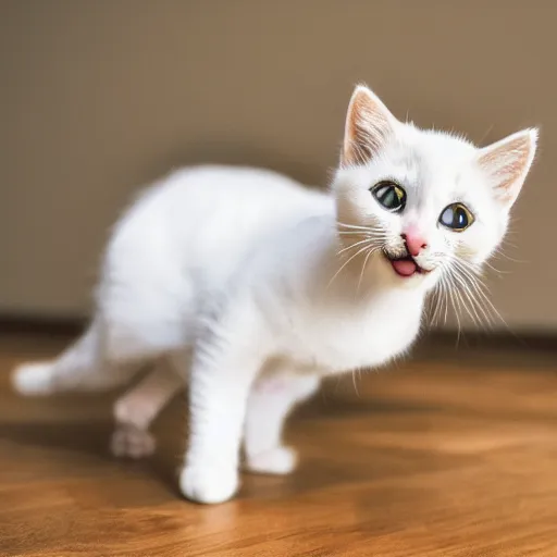 Image similar to a cute kitty cat doing a little dance while smiling, cute, adorable, wholesome, highly detailed, 4 k, 8 k, photorealistic