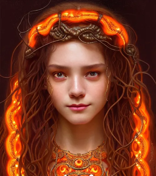 Image similar to portrait of teenage medusa, snake hair, naughty smile, wearing an embroidered orange tunic, intricate, elegant, copper and emerald jewelry, glowing lights, highly detailed, digital painting, artstation, concept art, smooth, sharp focus, seductive illustration, art by wlop, mucha, artgerm, and greg rutkowski