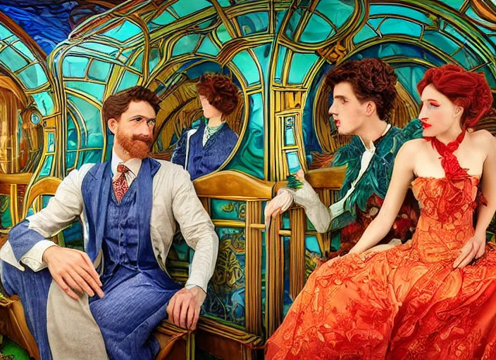 Prompt: incredibly beautiful breathtakingly detailed colour art nouveau photograph double portrait of an amazingly cool odd characterful couple sat down, in the inside of the beautiful underwater train to atlantis, full of crowds of people sat down wearing unusual clothes, each individual face amazingly detailed with lifelike expressions, ultra wide angle, 4 k