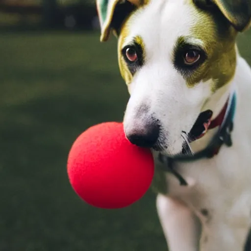 Image similar to a green dog playing with a red ball