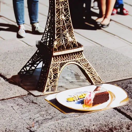 Image similar to a cake on a sidewalk in front of the eiffel tower