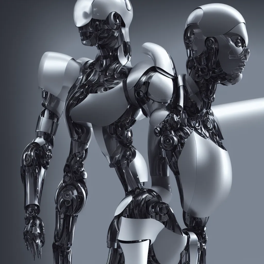 Image similar to hyper realistic s y m b i o s i s, female cyborg ex machina, glossy material hard surface, body armour, octane render, 4 k, volumetric lights