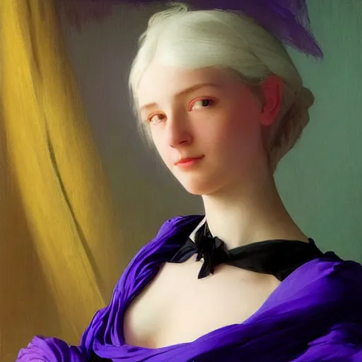 Prompt: a young woman's face, her hair is white and she wears an indigo purple satin cloak, by ivan aivazovsky and syd mead and moebius and gaston bussiere and roger dean and pieter claesz and paul delaroche and alma tadema and aelbert cuyp and willem claesz, hyperrealistic, volumetric light, octane render