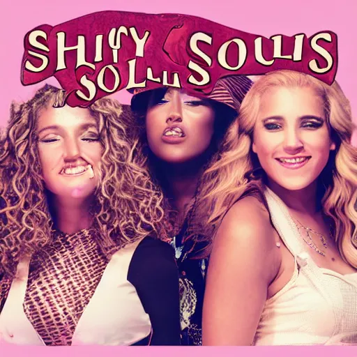 Prompt: album cover of a pop rock music group named'shiny souls'with two woman singers with blonde hair and one woman singer with brown curly hair singing in front of the crowd, very energetic, aerial view, digital art