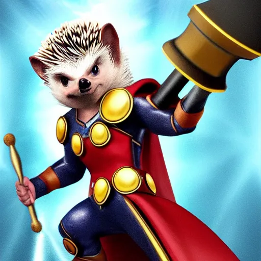 Image similar to the hedgehog thor ~ holding his hammer ~ dramatic thunder background ~ fighting scene ~