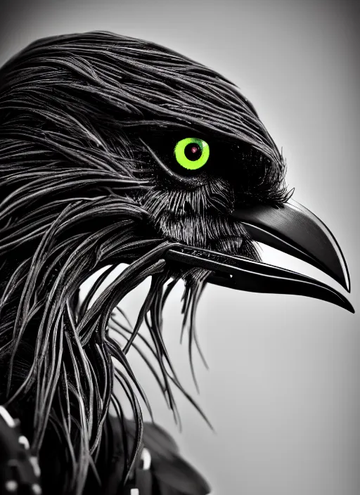 Image similar to a stunning young vegetal female crow - cyborg profile face, face is made intricate tribal bio - mechanical, editorial photography, bw, shot on 7 0 mm, depth of field, f / 2. 8, high contrast, 1 6 k, volumetric lighting, shiny, insanely detailed and intricate, hypermaximalist, elegant, ornate, hyper realistic, super detailed