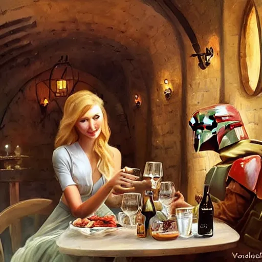 Image similar to ((Boba Fett)) and a beautiful young blonde drinking beer in a wine cellar, food, meat, schnapps, torches on the wall, romantic, inviting, cozy, painting by Vladimir Volegov