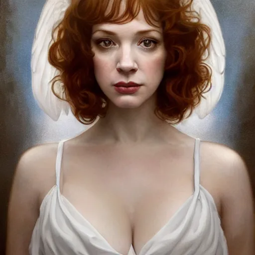 Image similar to symmetrical!! looking at the camera!!! a portrait of an angel young christina hendricks wearing a white silky dress, upper body, concept art, deep focus, sky, heaven, clouds, intricate, highly detailed, digital painting, artstation, matte, sharp focus, illustration, art by greg rutkowski and alphonse mucha