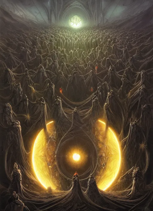 Image similar to a quantum computer surrounded by a dark cabal of multiple hooded elven mystics in long dark robes gathered in a circular formation, dan seagrave art, michael whelan, artstation, cgsociety, epic scifi fantasy art