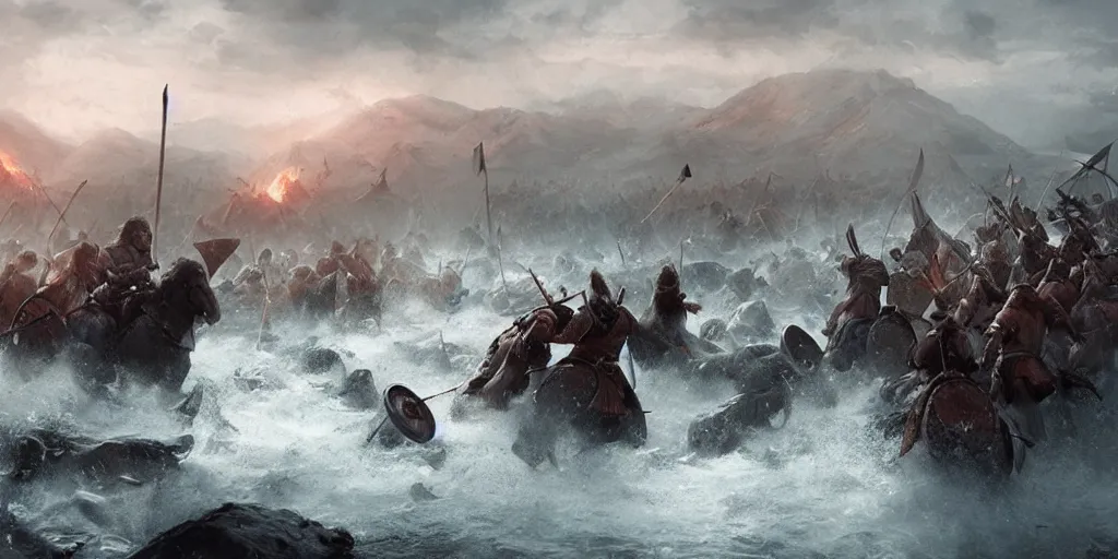 Image similar to an epic viking battle scene, by WLOP, realistic, detailed, epic scenery, blood