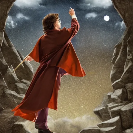 Image similar to Harry potter upright and levitating, back view, thunderclouds, cinematic shot, epic scale, waving robe, wand, photorealistic detail and quality, extremely intricate stone quality, movie still, nighttime, crescent moon, sharp and clear, action shot, intense scene, visually coherent, symmetry, rule of thirds, movement, vivid colors, cool colors transitioning to warm colors, award winning, directed by Steven Spielberg, Christopher Nolan, Tooth Wu, Asher Duran, Greg Rutkowski