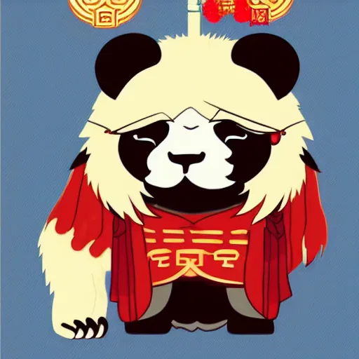 Prompt: a high detaild character design of a cute panda with a chinese lion dance head, chinese style, trend, illustration,