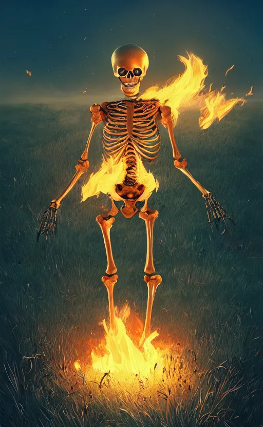 Prompt: digital painting of a skeleton on fire in the middle of a grass field, wearing gold outfit, flames, at night, stunning, cinematic lighting, concept art by greg rutkowski and simon stalenhag, artstation, cinematic, masterpice, insanely detailed, very realistic