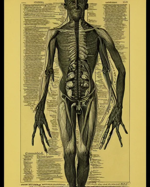 Image similar to a print of a medical textbook diagram of a mutated humanoid by max klinger, extremely detailed, 4 k, etching