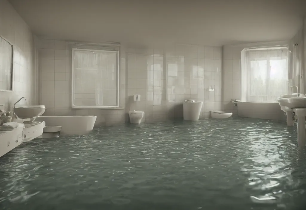 Image similar to kodak portra 4 0 0 photographic and realistic, interior of a bathroom, detailed, octane render, unreal engine, 4 k, artstation, hyper realistic, wide angle, floor flooded, how a river, objects that float, 3 5 mm, sharp focus, soft light, volumetric light, in the style of gregory crewdson