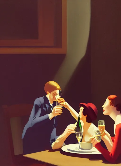 Prompt: a couple drinking champagne, romantic vintage style poster by Edward Hopper and James Gilleard, 8k, octane render, ultra sharp, detailed digital art