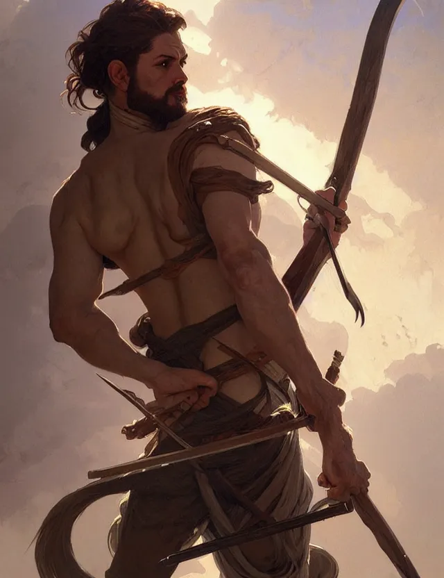 Prompt: portrait of cain from genesis holding a spear, headshot, intricate, highly detailed, digital painting, artstation, concept art, sharp focus, cinematic lighting, illustration, art by artgerm and greg rutkowski, alphonse mucha, cgsociety