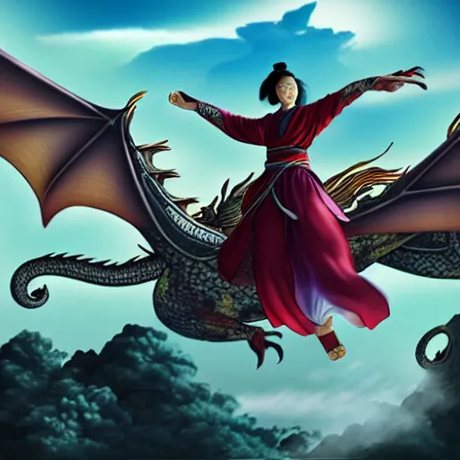 Image similar to a woman fighter flying in sky with a lung dragon, wuxia illustration by chen uen, cinematic lighting