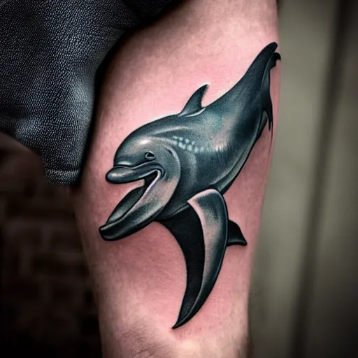 Image similar to tattoo on a man's arm of a dolphin dragon hybrid, hdr studio photography