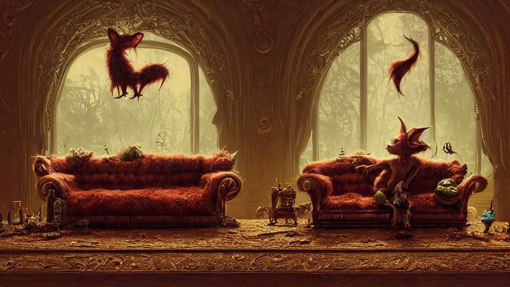 Image similar to a goblin sitting on an ornate victorian couch made out of fox fur, intricate, detailed, volumetric lighting, sharp focus, photorealism, digital painting, highly detailed, concept art, by roger dean and simon stalenhag and mark brooks