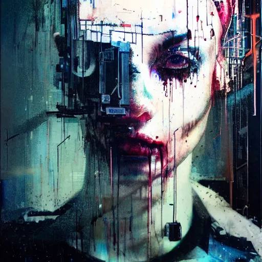 Image similar to a dark cyberpunk dream of wires broken skulls skin cybernetic machines and decay moody hyperrealism 8 k photo atmospheric by jeremy mann, francis bacon and agnes cecile, ink drips paint smears digital glitches glitchart