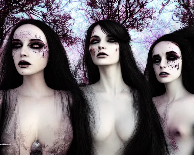 Prompt: three stunning otherworldly gothic goddesses of beauty wearing psychedelic wicca, full body, dark and mysterious, atmospheric, ominous, eerie, cinematic light, epic, 8 k 3 d, ultra detail, ultra realistic