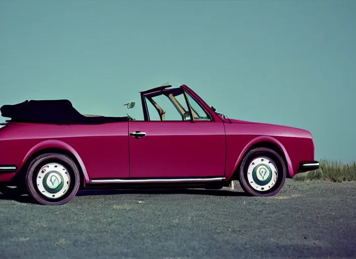 Image similar to retro color photo of a volkswagen cabriolet the 8 0's. gradient sky in the background