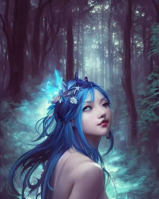 Image similar to stunningly beautiful female blue hair, cute japanese actressr, fantasy art, fae priestess, lush dark forest landscape, fireflys at night, sharp focus, digital painting, 8 k, concept art, art by wlop, artgerm, greg rutkowski and alphonse mucha