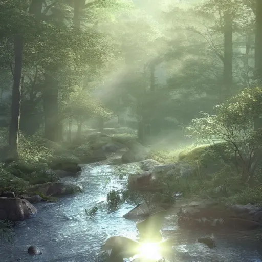 Image similar to a winding river through a dense forest, sunlight filtering through the leaves, trending on artstation