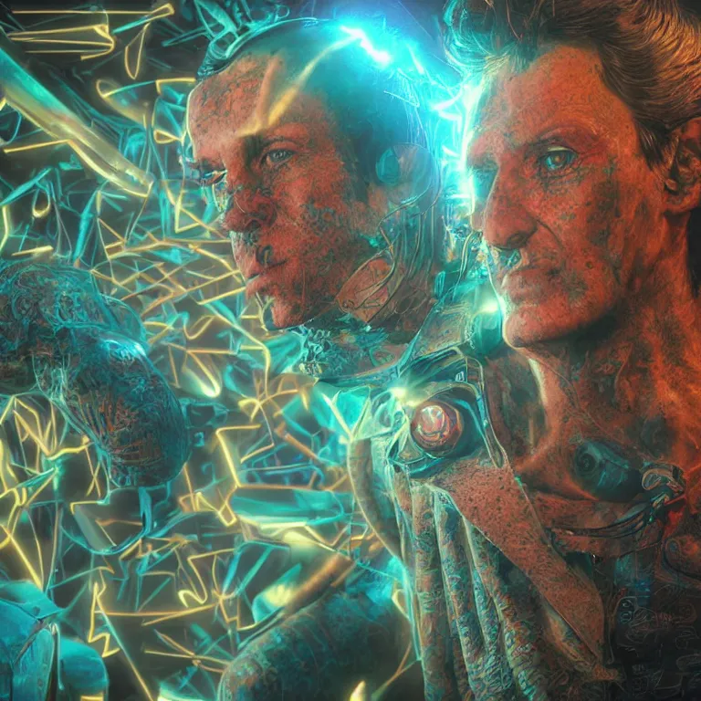 Prompt: octane render portrait by wayne barlow and carlo crivelli and glenn fabry, a strange psychedelic colorful 1 9 7 0's sci - fi action hero inside a futuristic prison cell, light beams, cinema 4 d, ray traced lighting, very short depth of field, bokeh