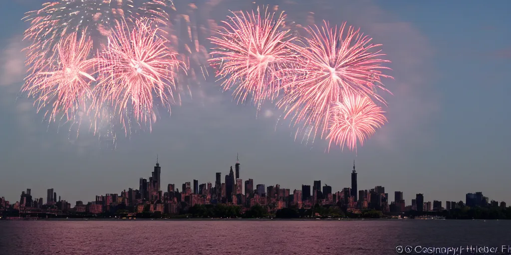 Image similar to amazing fireworks, view from ellis island, 4 th of july. sony a 7, f / 2. photography. photorrealism. high quality. high fidelity.