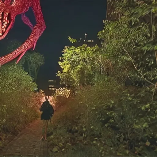 Prompt: footage of a wildcamera showing a demogorgon by night