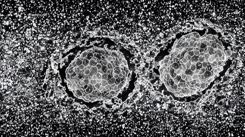 Prompt: beautiful microscopic photo of closeup of coronavirus infecting a cell as seen through an electron microscope, sinister, detailed, ambient lighting, scientific illustration, 8 k