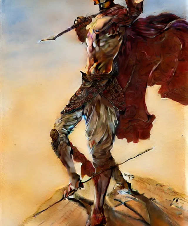 Image similar to An extremely agile and confident warrior standing atop a large sand dune, handsome clean shaven young face, straight hair, fantasy, intricate, elegant, highly detailed, digital painting, artstation, concept art, smooth, sharp focus, illustration, art by artgerm and greg rutkowski and alphonse mucha