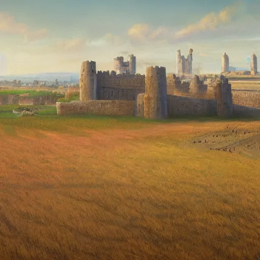 Image similar to painting of a vast field in a large medieval kingdom, dirt paths in various directions and a temple and a large castle visible in the distance, trending on artstation